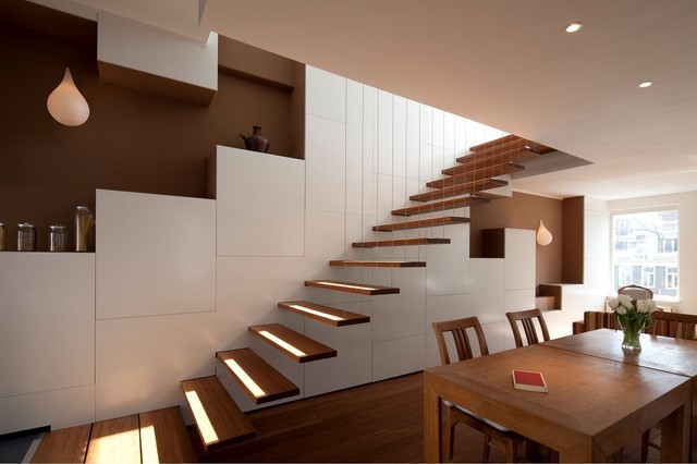 modern suspended wooden staircase