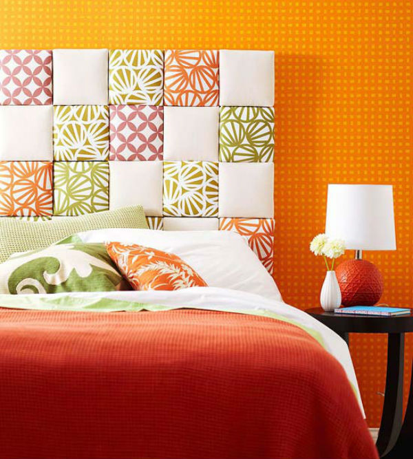 DIY Fabric Squares Headboard orange wall